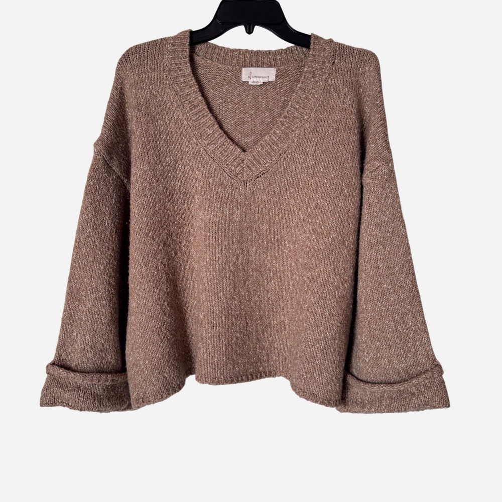 Anthropologie Women XS Oversized V-Neck Sweater Brown Marled Chunky Knit